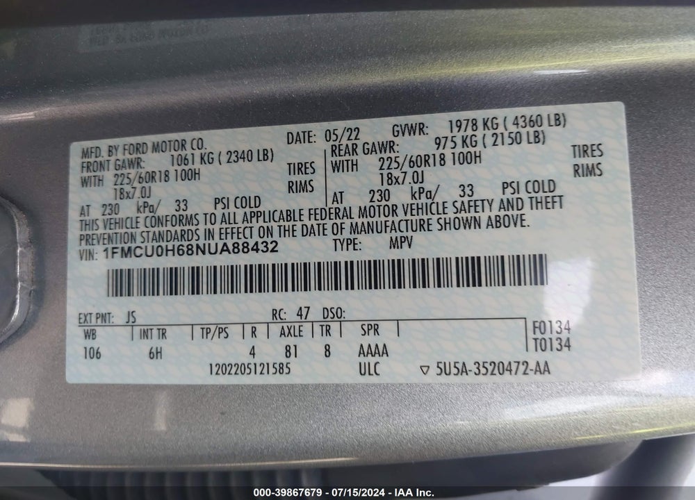 2022 FORD ESCAPE SEL VIN: 1FMCU0H68NUA88432