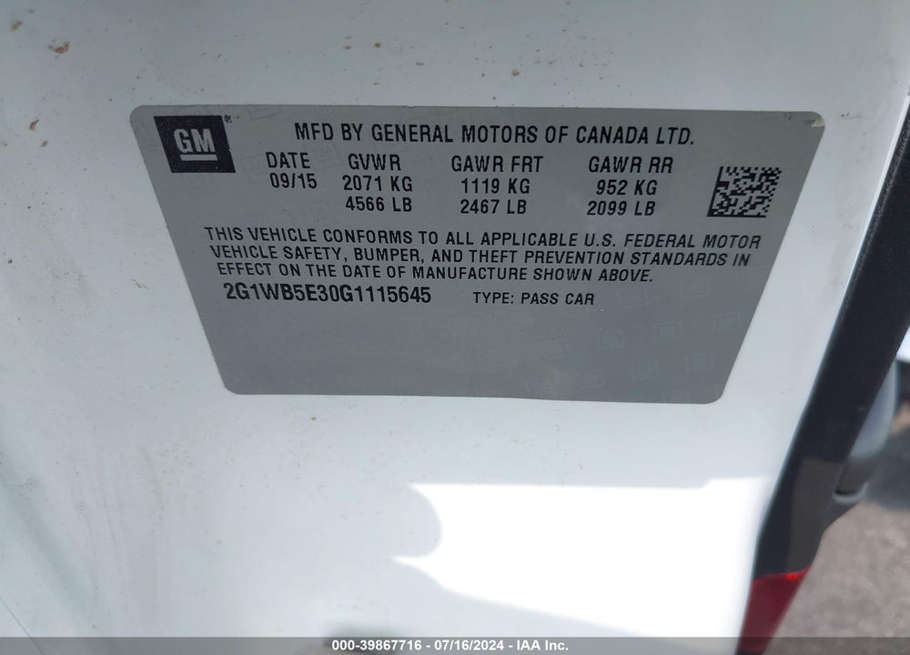 2016 CHEVROLET IMPALA LIMITED LT VIN: 2G1WB5E30G1115645