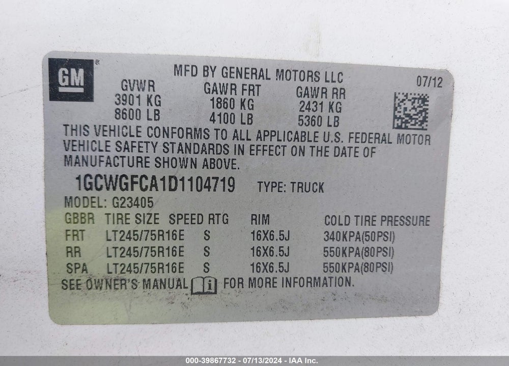 2013 CHEVROLET EXPRESS 2500 WORK VAN VIN: 1GCWGFCA1D1104719