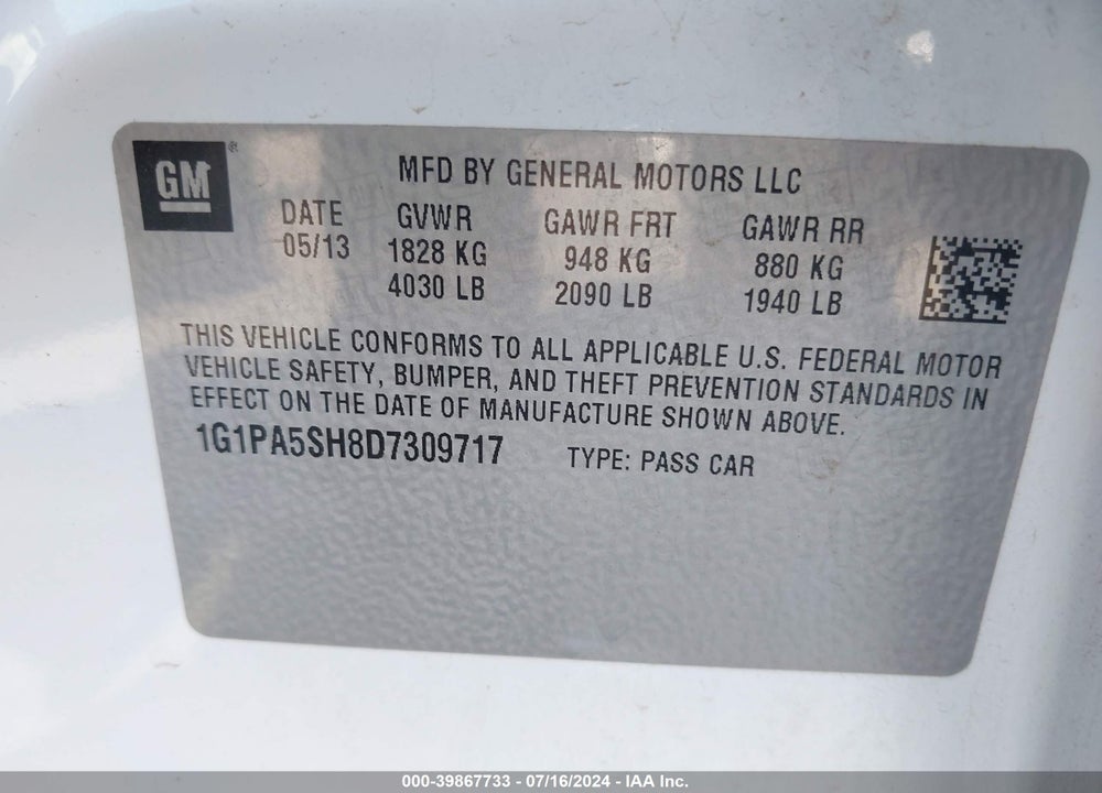 2013 CHEVROLET CRUZE LS AUTO VIN: 1G1PA5SH8D7309717