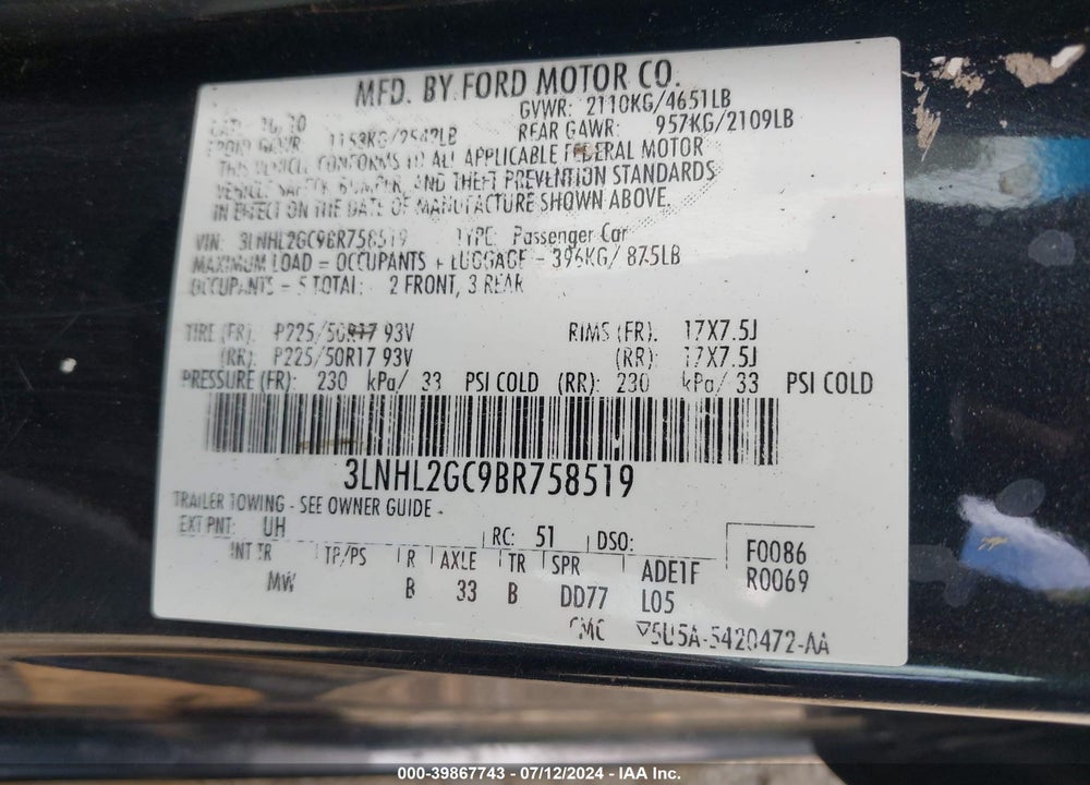 2011 LINCOLN MKZ VIN: 3LNHL2GC9BR758519