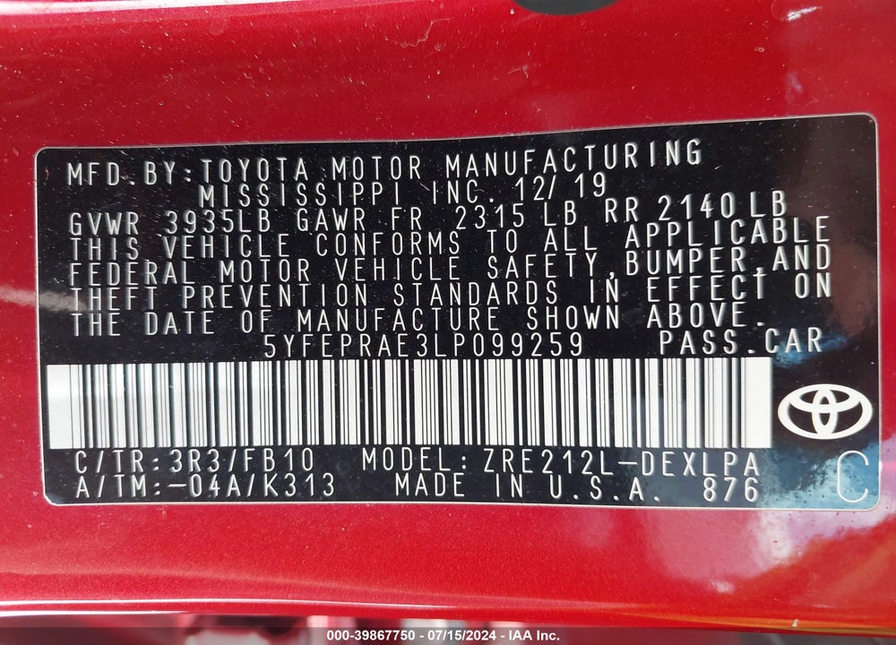 2020 TOYOTA COROLLA LE VIN: 5YFEPRAE3LP099259