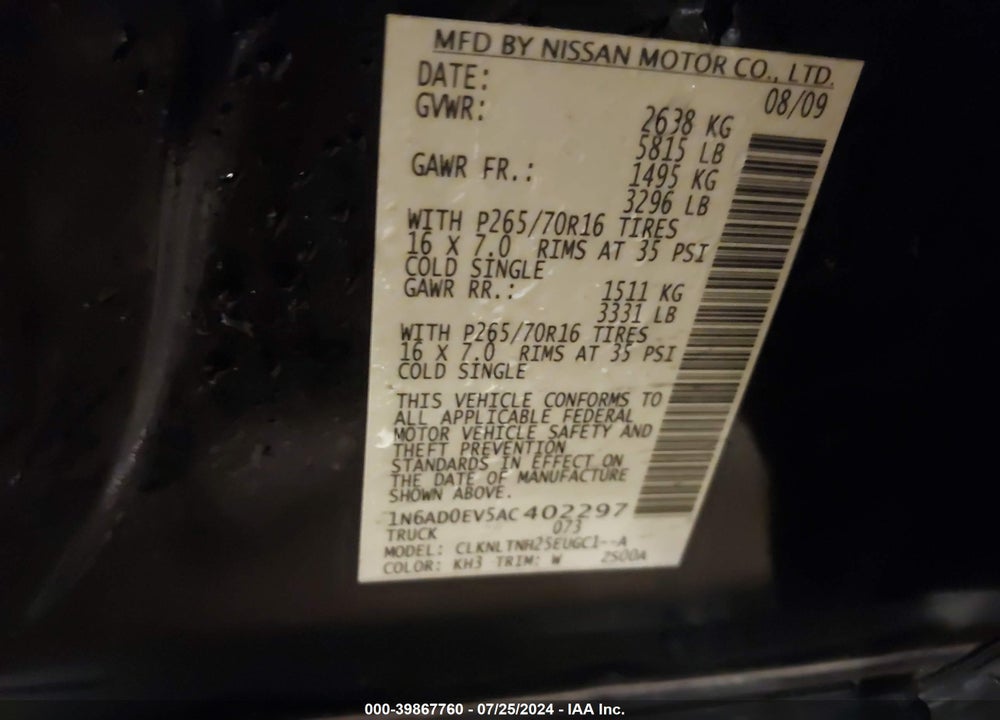 2010 NISSAN FRONTIER SE VIN: 1N6AD0EV5AC402297