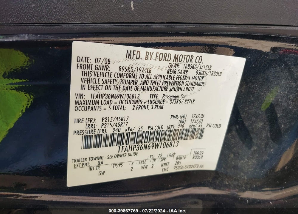 2009 FORD FOCUS SES VIN: 1FAHP36N69W106813