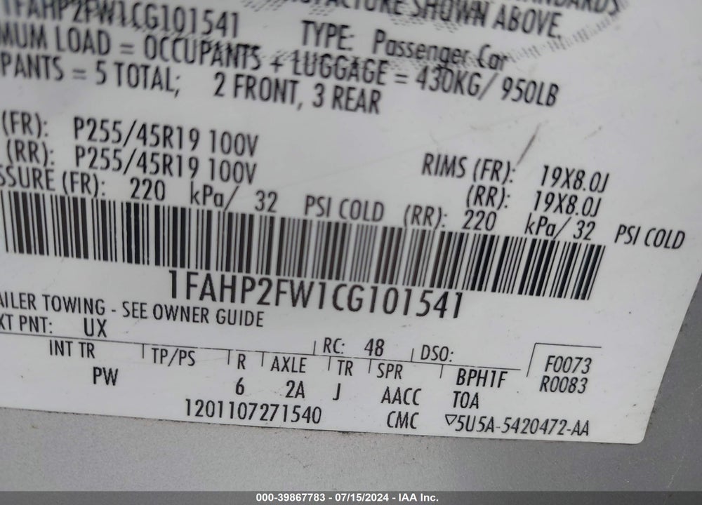 2012 FORD TAURUS LIMITED VIN: 1FAHP2FW1CG101541