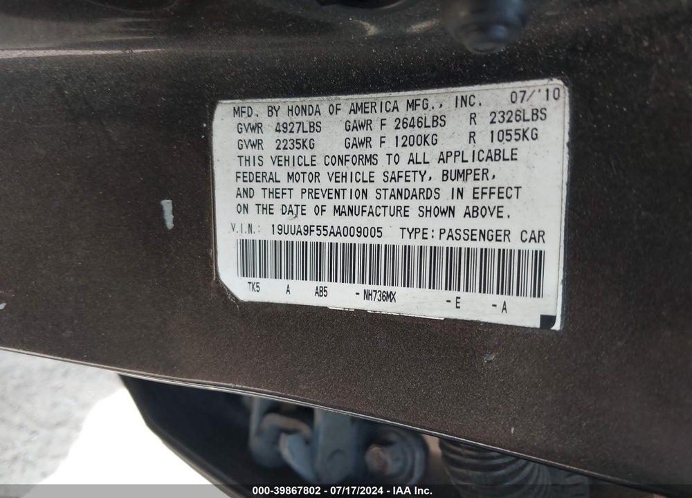 2010 ACURA TL 3.7 VIN: 19UUA9F55AA009005
