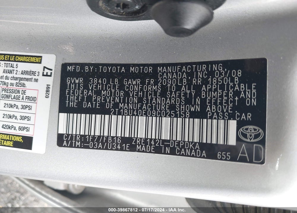 2009 TOYOTA COROLLA LE VIN: 2T1BU40E09C025158