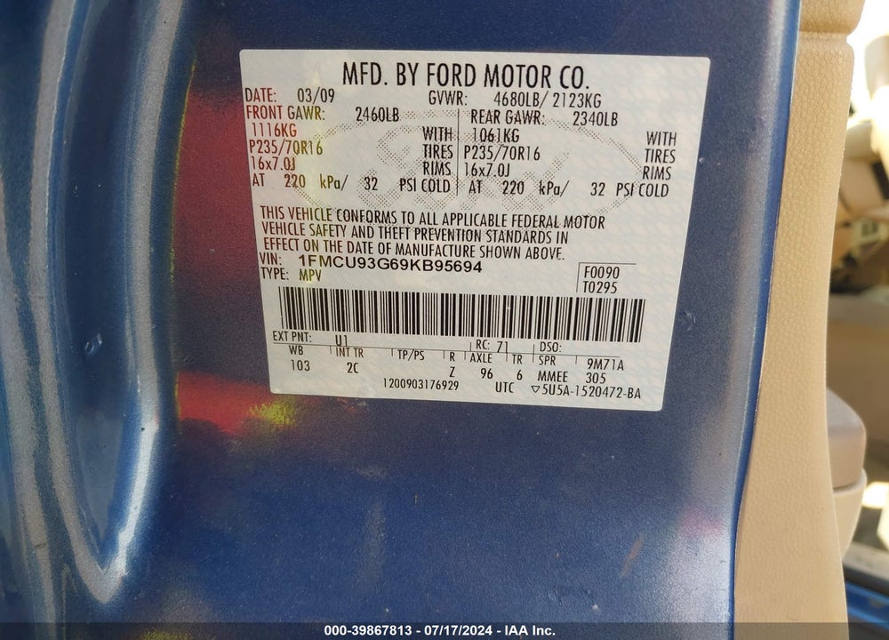 2009 FORD ESCAPE XLT VIN: 1FMCU93G69KB95694