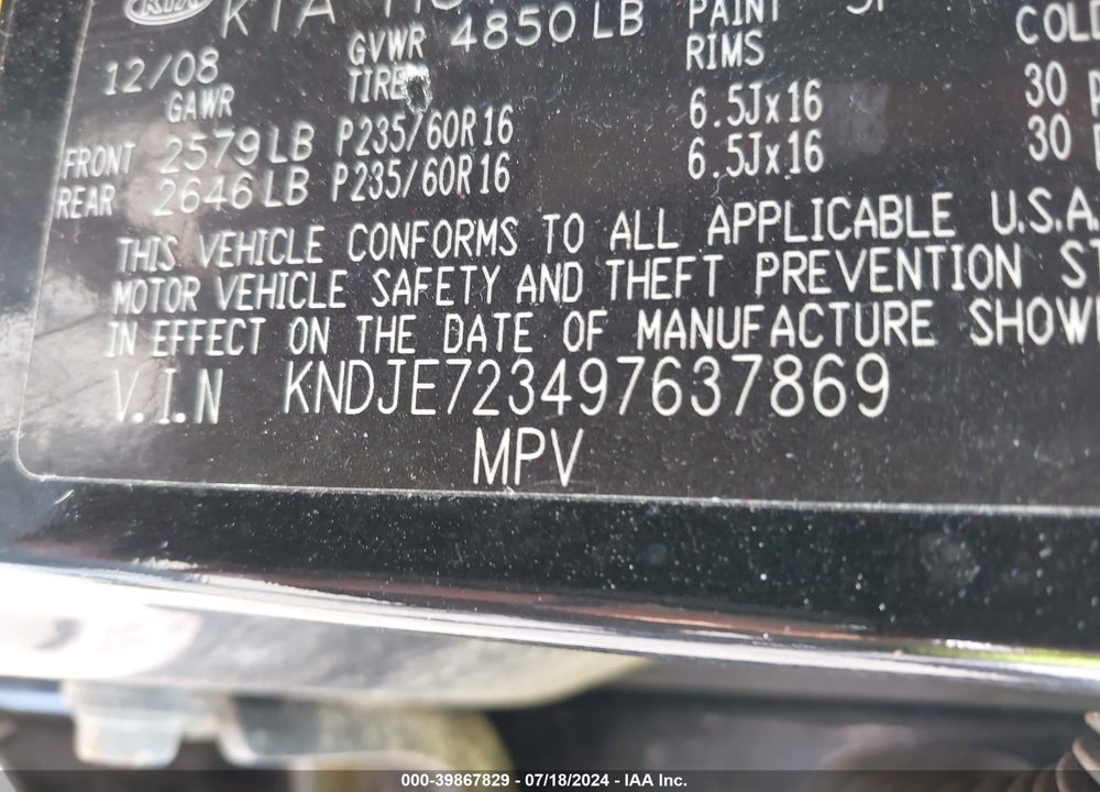 2009 KIA SPORTAGE LX V6 VIN: KNDJE723497637869