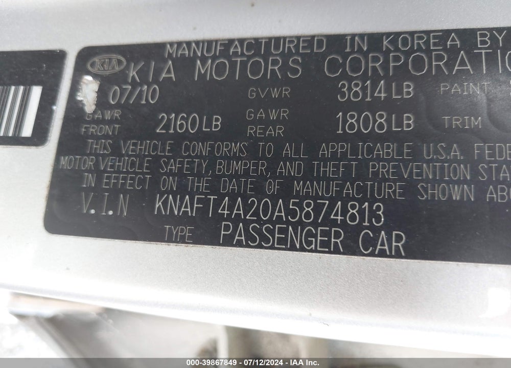 2010 KIA FORTE LX VIN: KNAFT4A20A5874813