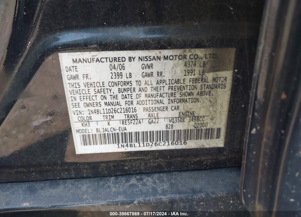 2006 NISSAN ALTIMA 3.5 SE VIN: 1N4BL11D26C216016