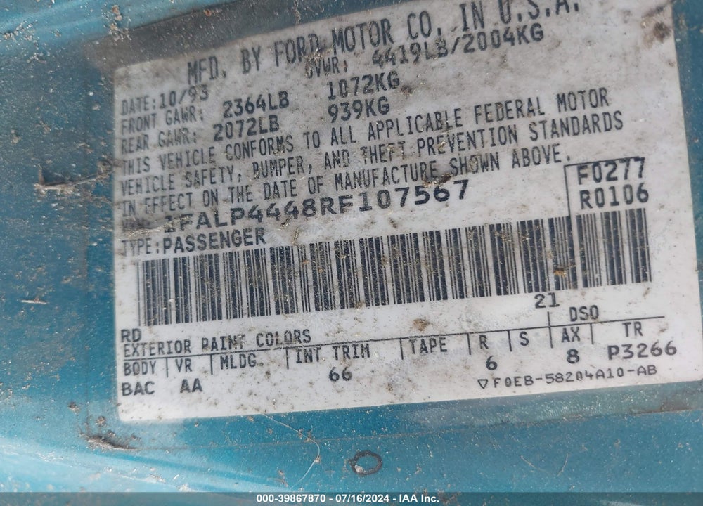 1994 FORD MUSTANG VIN: 1FALP4448RF107567