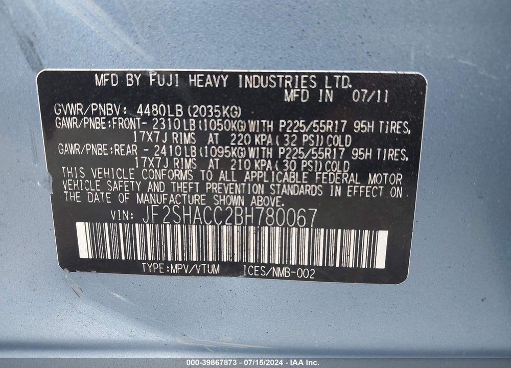2011 SUBARU FORESTER 2.5X PREMIUM VIN: JF2SHACC2BH780067