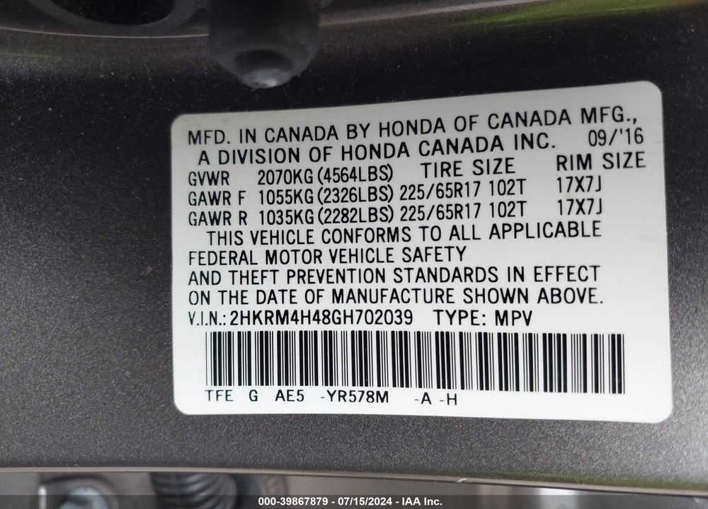 2016 HONDA CR-V SE VIN: 2HKRM4H48GH702039