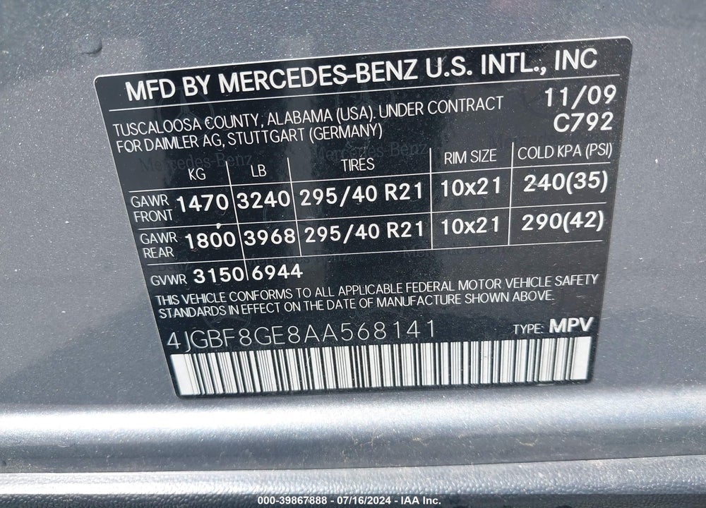 2010 MERCEDES-BENZ GL 550 4MATIC VIN: 4JGBF8GE8AA568141