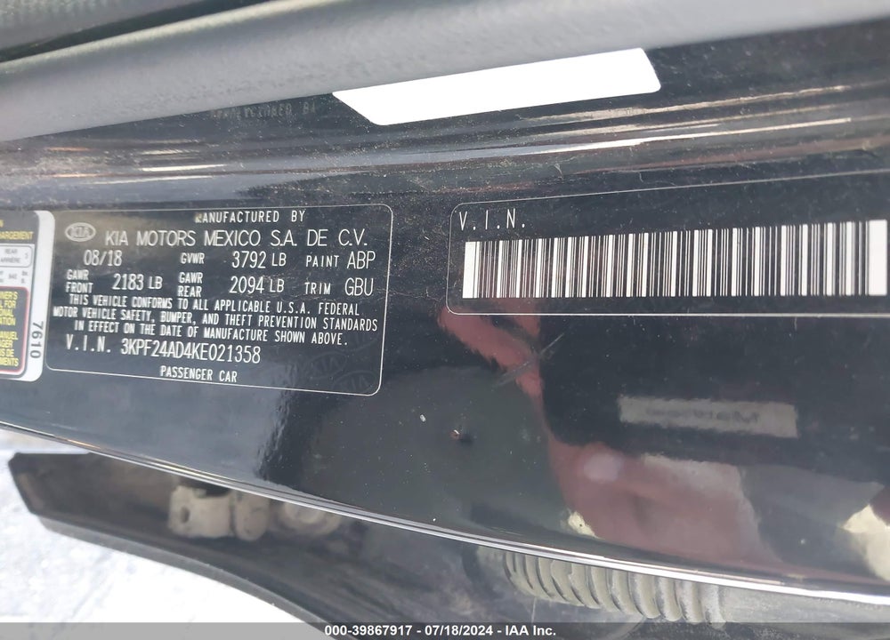2019 KIA FORTE LXS VIN: 3KPF24AD4KE021358
