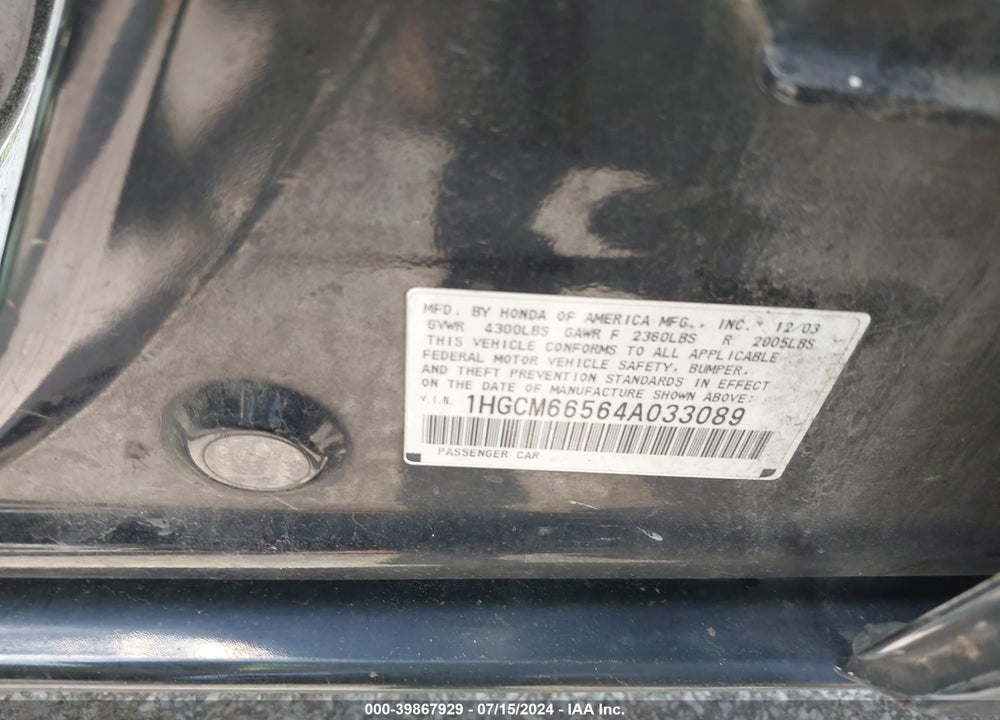 2004 HONDA ACCORD 3.0 EX VIN: 1HGCM66564A033089