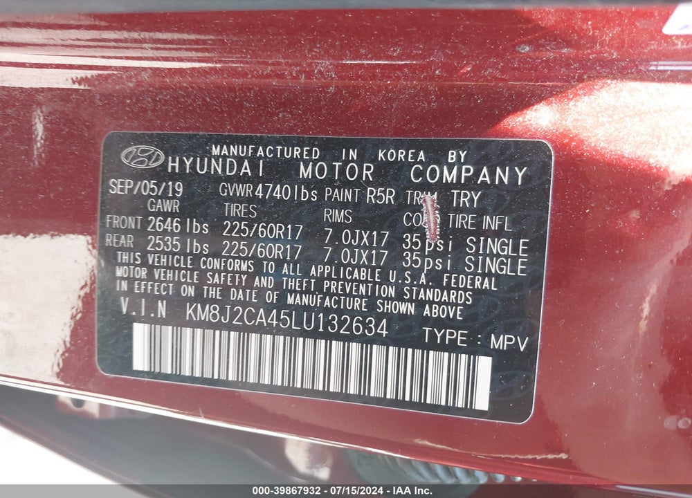 2020 HYUNDAI TUCSON SE VIN: KM8J2CA45LU132634