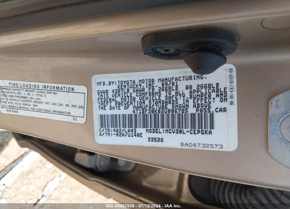 2002 TOYOTA CAMRY XLE V6 VIN: 4T1BF30K02U006785