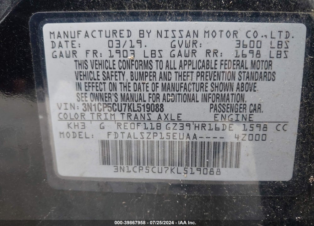 2019 NISSAN KICKS SV VIN: 3N1CP5CU7KL519088