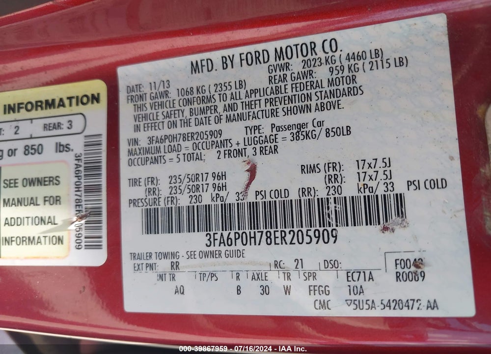 2014 FORD FUSION SE VIN: 3FA6P0H78ER205909