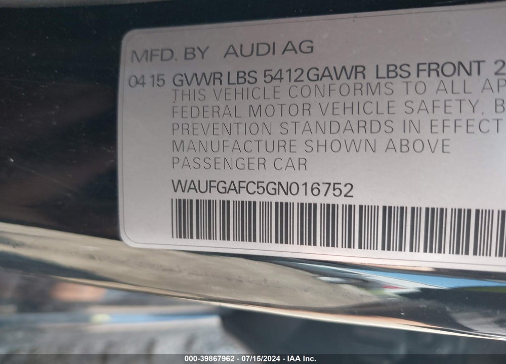 2016 AUDI A6 3.0T PREMIUM PLUS VIN: WAUFGAFC5GN016752