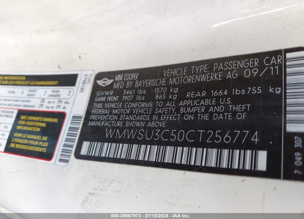 2012 MINI COOPER VIN: WMWSU3C50CT256774
