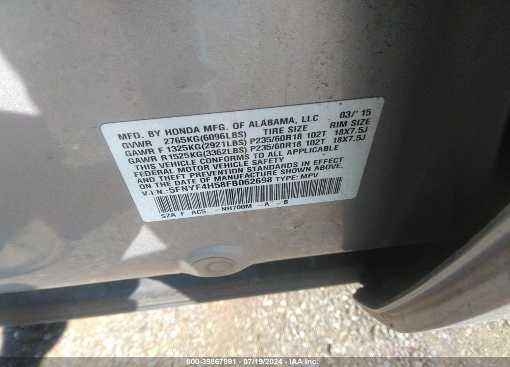 2015 HONDA PILOT EX-L VIN: 5FNYF4H58FB062698