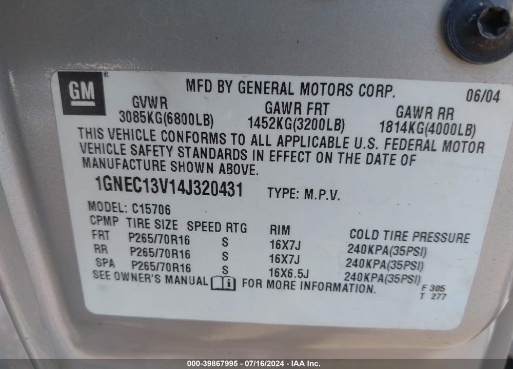 2004 CHEVROLET TAHOE LS VIN: 1GNEC13V14J320431