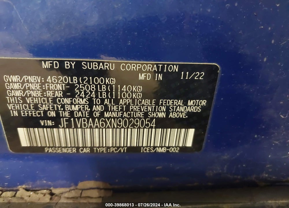 2022 SUBARU WRX VIN: JF1VBAA6XN9029054