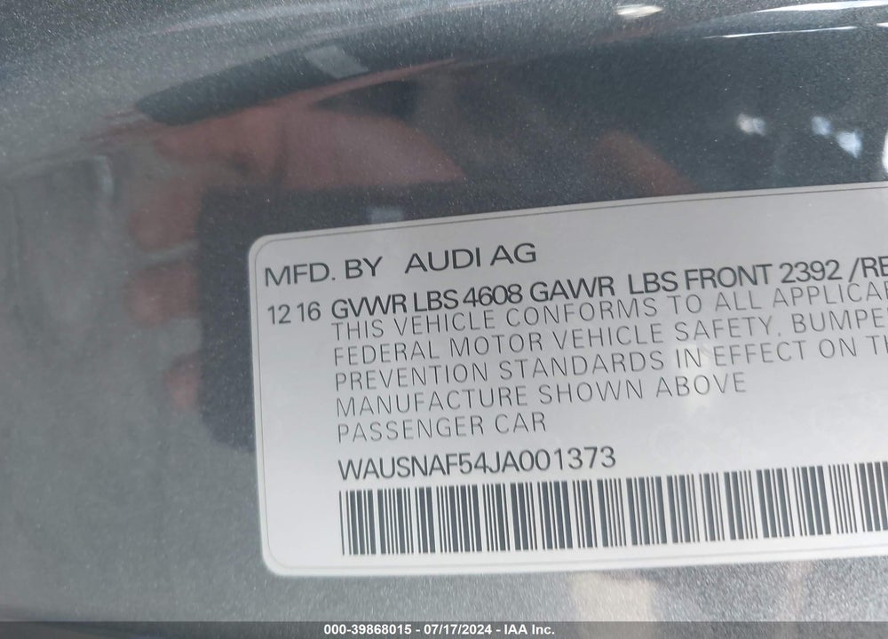 2018 AUDI A5 2.0T PREMIUM VIN: WAUSNAF54JA001373