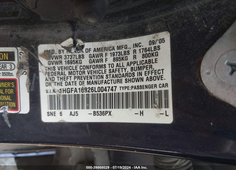 2006 HONDA CIVIC VIN: 1HGFA16826L004747