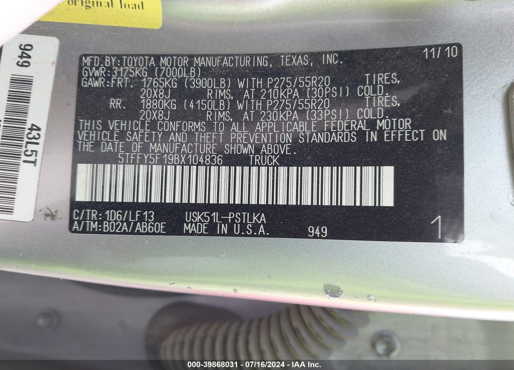 2011 TOYOTA TUNDRA LIMITED 5.7L V8 VIN: 5TFFY5F19BX104836