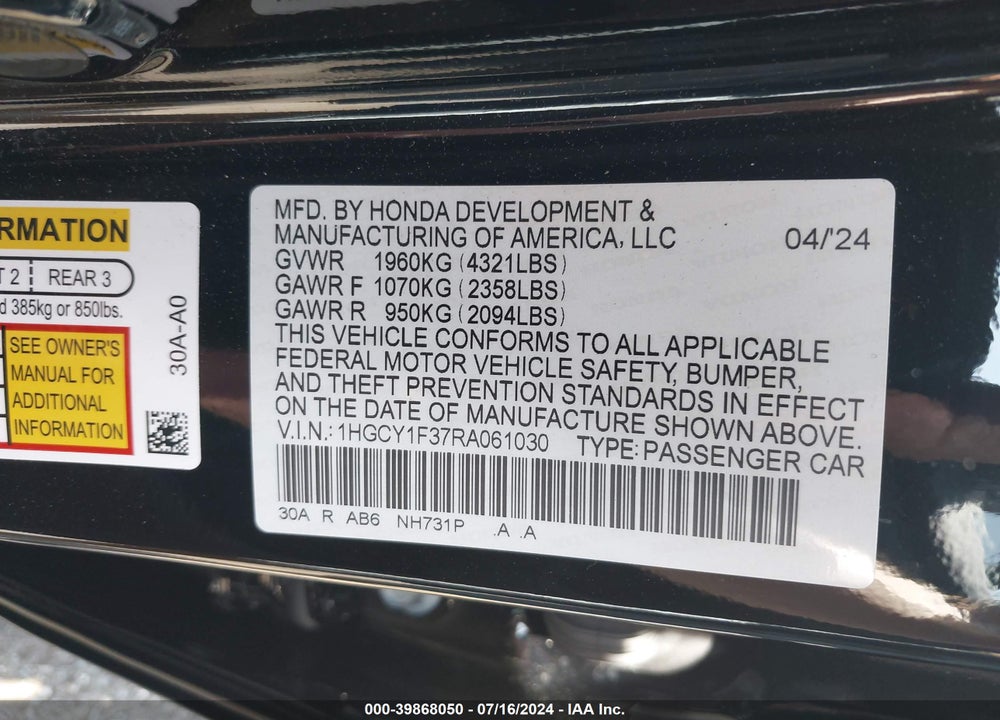 2024 HONDA ACCORD EX VIN: 1HGCY1F37RA061030