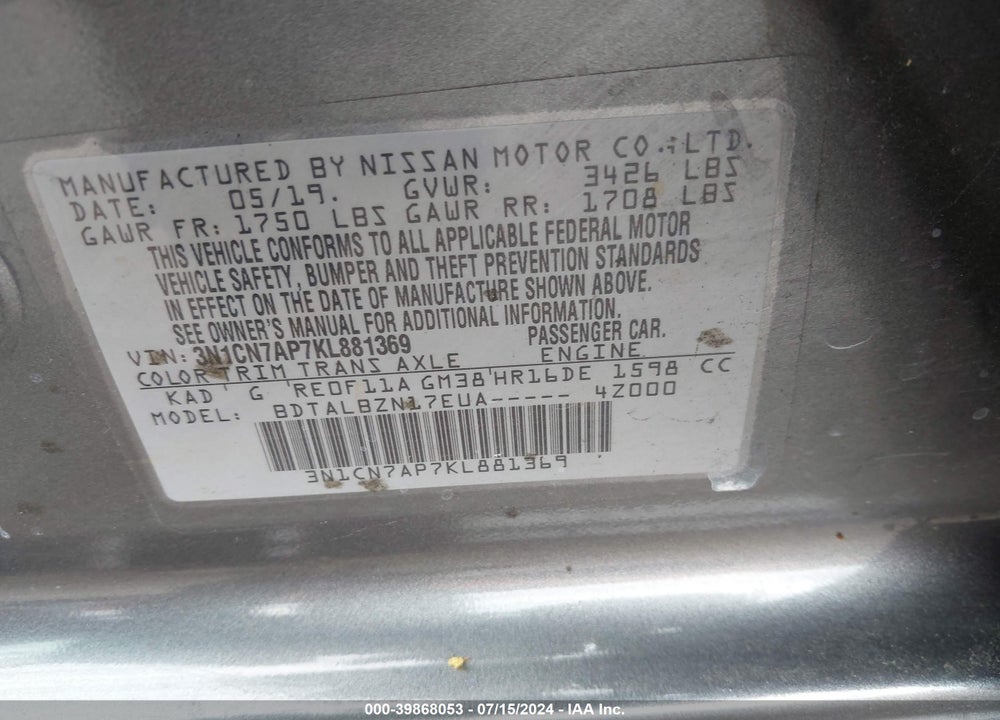 2019 NISSAN VERSA 1.6 SV VIN: 3N1CN7AP7KL881369