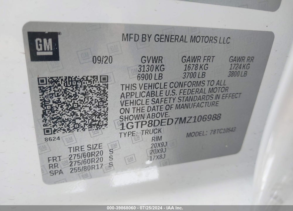 2021 GMC SIERRA 1500 2WD SHORT BOX SLT VIN: 1GTP8DED7MZ106988