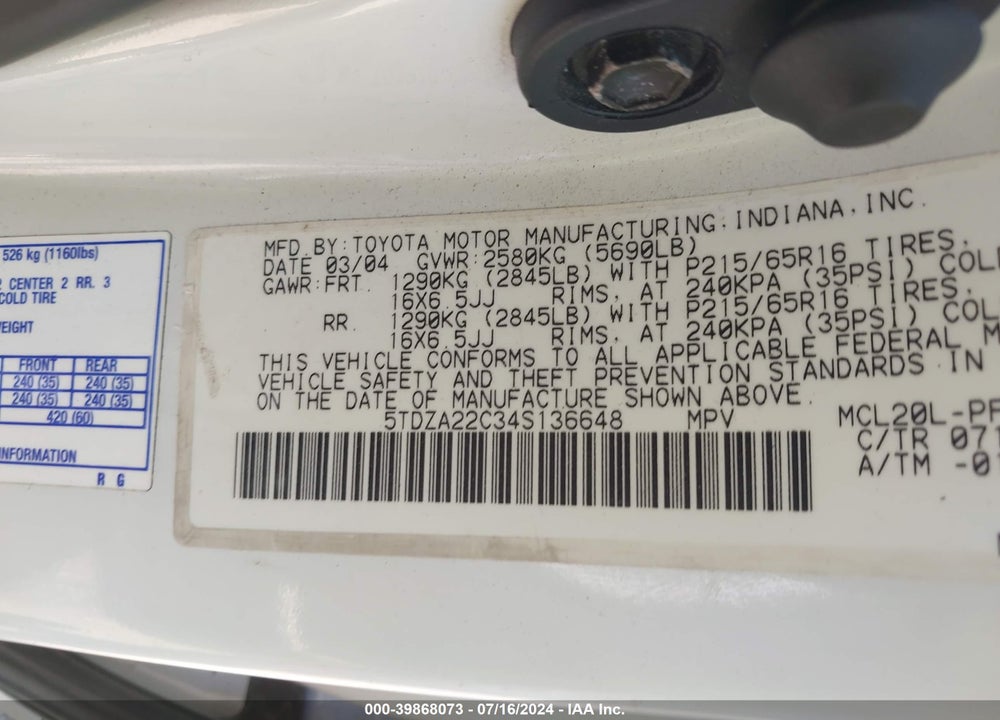 2004 TOYOTA SIENNA XLE VIN: 5TDZA22C34S136648