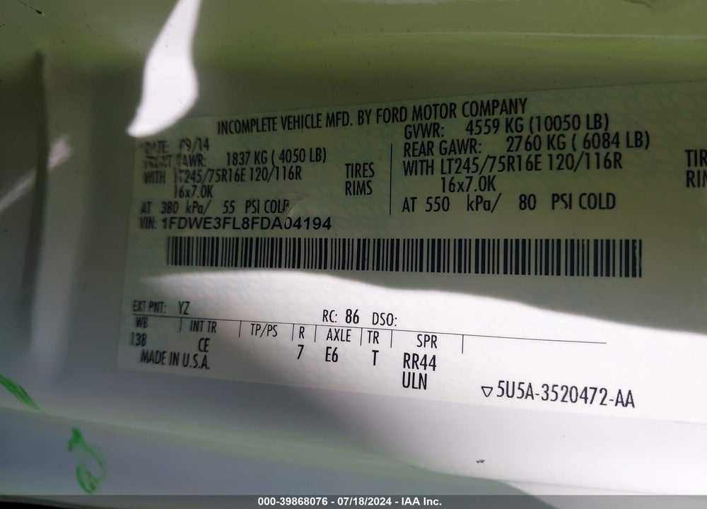 2015 FORD E-350 CUTAWAY VIN: 1FDWE3FL8FDA04194