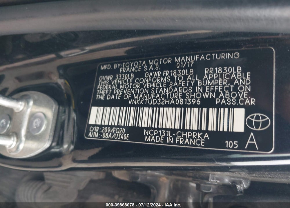 2017 TOYOTA YARIS L VIN: VNKKTUD32HA081396