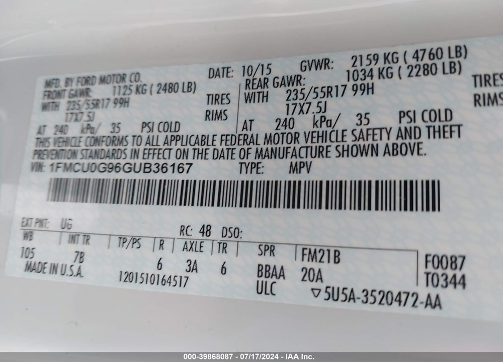 2016 FORD ESCAPE SE VIN: 1FMCU0G96GUB36167