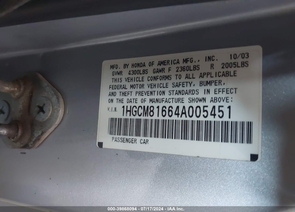 2004 HONDA ACCORD 3.0 EX VIN: 1HGCM81664A005451