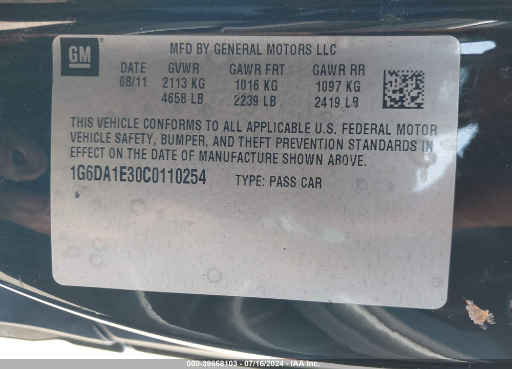 2012 CADILLAC CTS STANDARD VIN: 1G6DA1E30C0110254