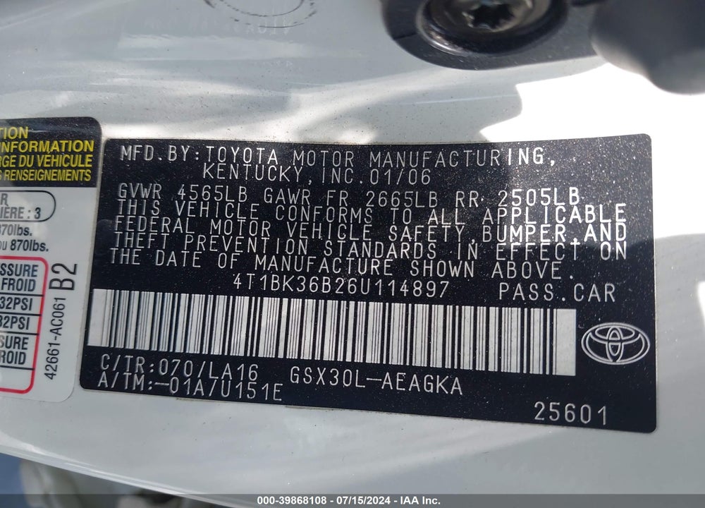 2006 TOYOTA AVALON XLS VIN: 4T1BK36B26U114897