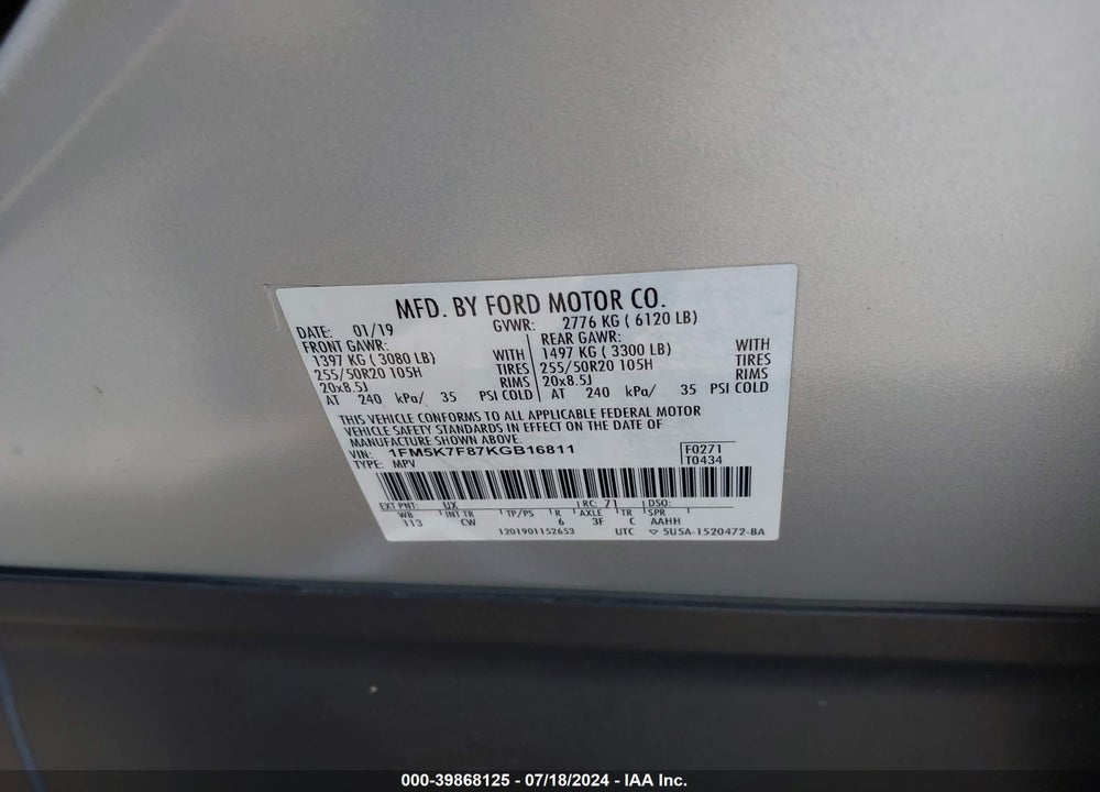 2019 FORD EXPLORER LIMITED VIN: 1FM5K7F87KGB16811