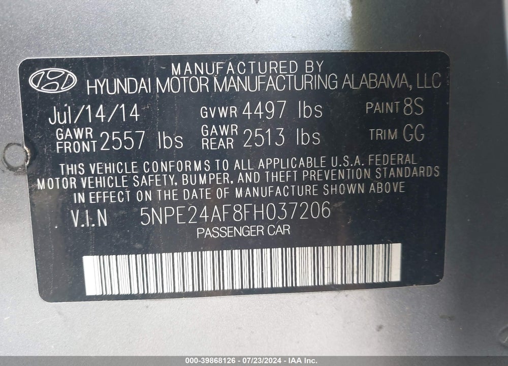 2015 HYUNDAI SONATA SE VIN: 5NPE24AF8FH037206
