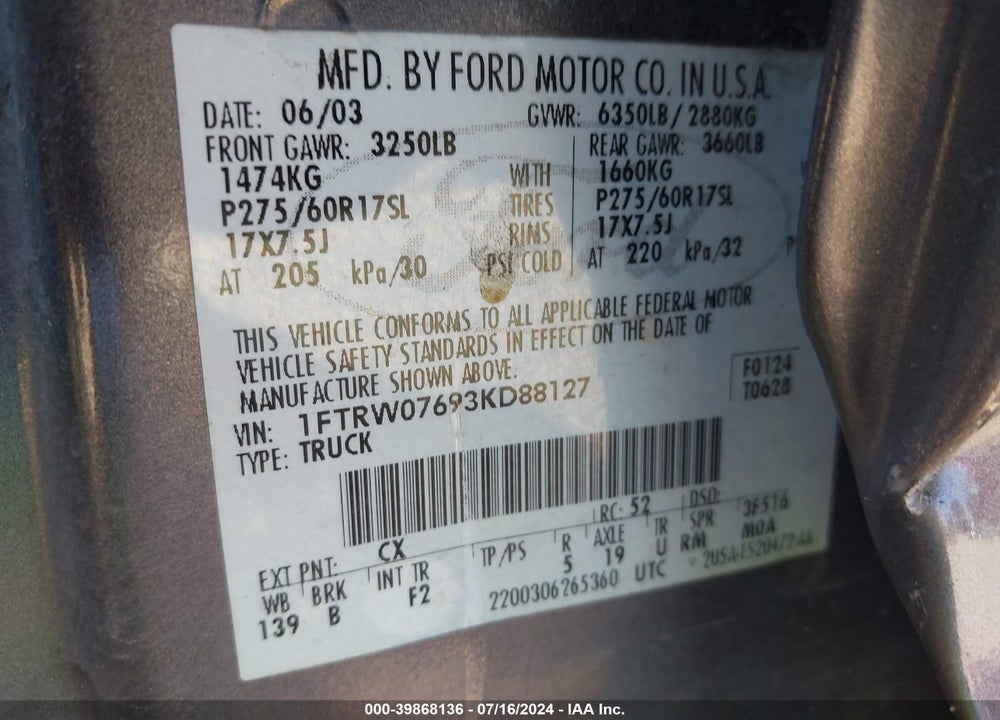 2003 FORD F-150 LARIAT/XLT VIN: 1FTRW07693KD88127