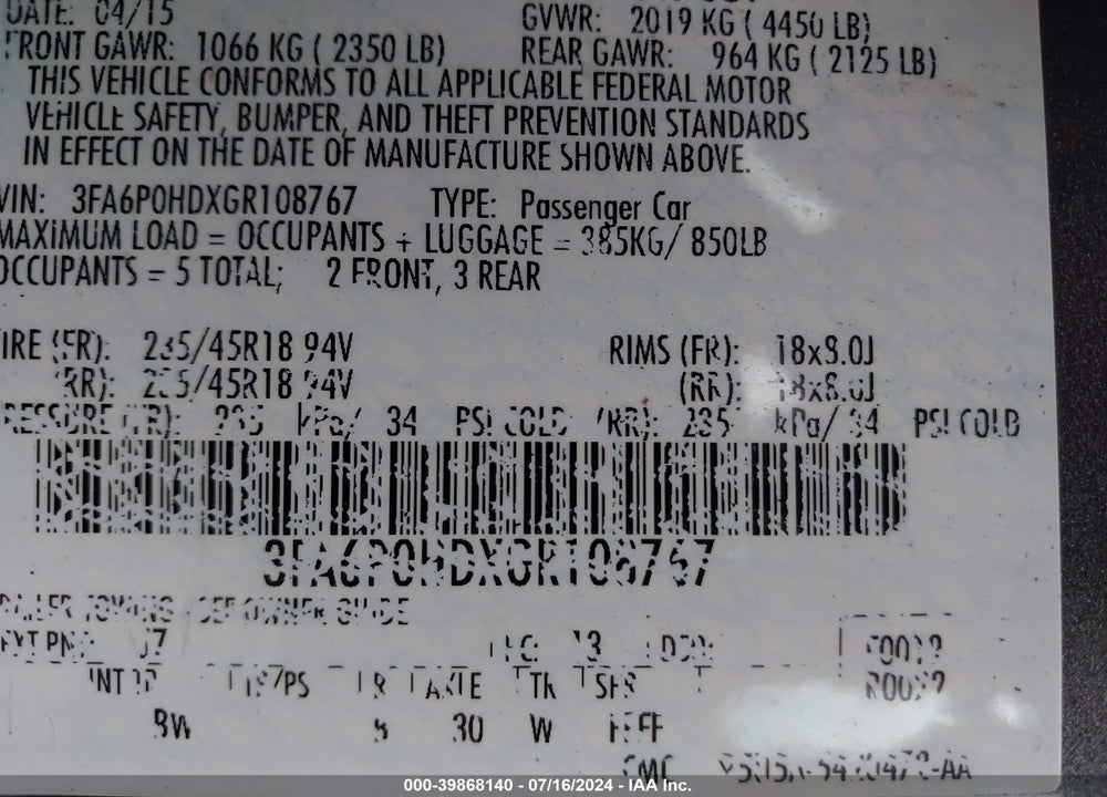 2016 FORD FUSION VIN: 3FA6P0HDXGR108767