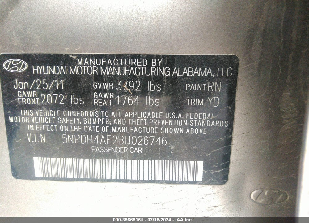 2011 HYUNDAI ELANTRA GLS VIN: 5NPDH4AE2BH026746