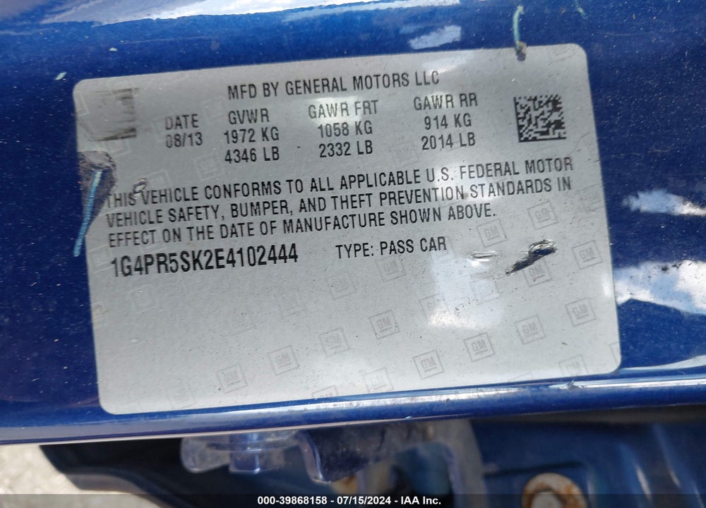 2014 BUICK VERANO CONVENIENCE GROUP VIN: 1G4PR5SK2E4102444