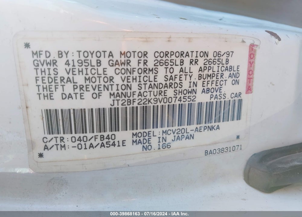 1997 TOYOTA CAMRY LE V6 VIN: JT2BF22K9V0074552
